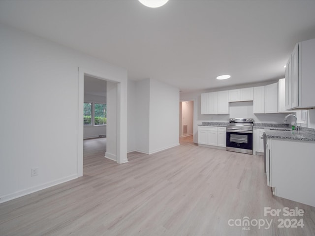 kitchen featuring light hardwood / wood-style flooring, sink, light stone countertops, electric range, and white cabinets