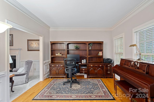 office space featuring ornamental molding and light wood-type flooring