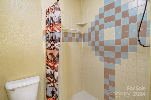 bathroom with toilet and a shower with curtain