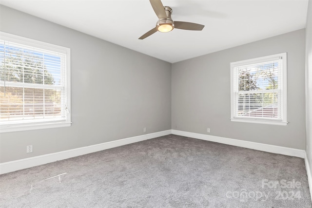 carpeted spare room featuring plenty of natural light and ceiling fan