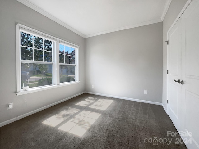 unfurnished bedroom featuring carpet, crown molding, and baseboards