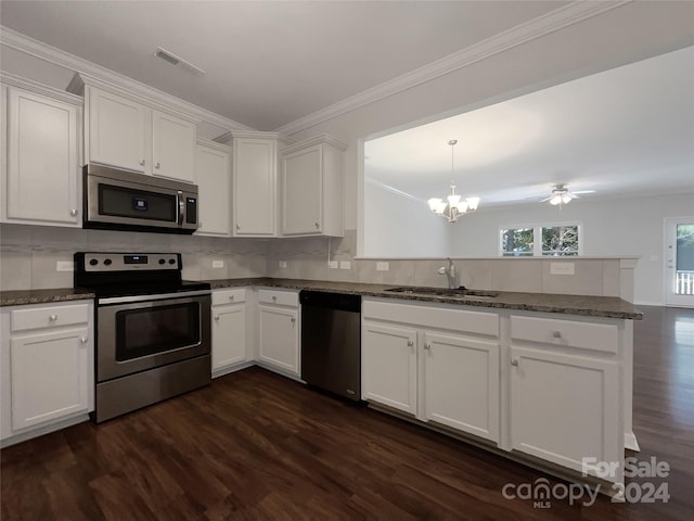 kitchen with stainless steel appliances, sink, kitchen peninsula, and dark hardwood / wood-style flooring