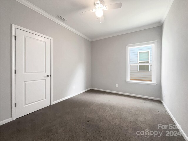 unfurnished room with ceiling fan, carpet, and ornamental molding