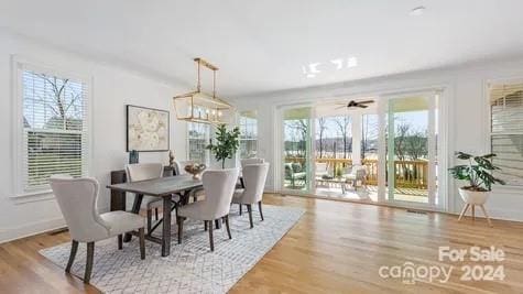 dining room featuring wood-type flooring and ceiling fan with notable chandelier