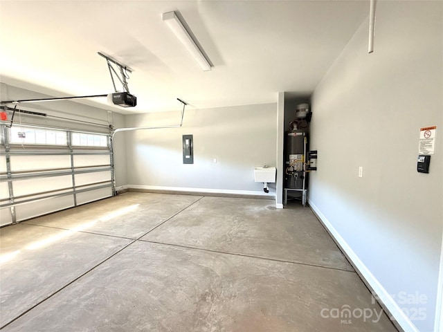 garage with gas water heater, electric panel, a garage door opener, and baseboards