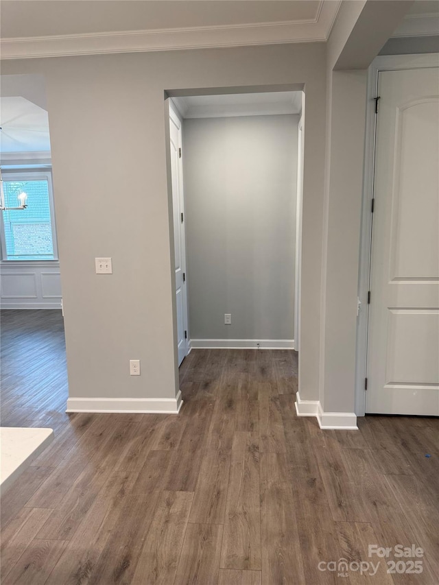 interior space with baseboards, wood finished floors, and ornamental molding