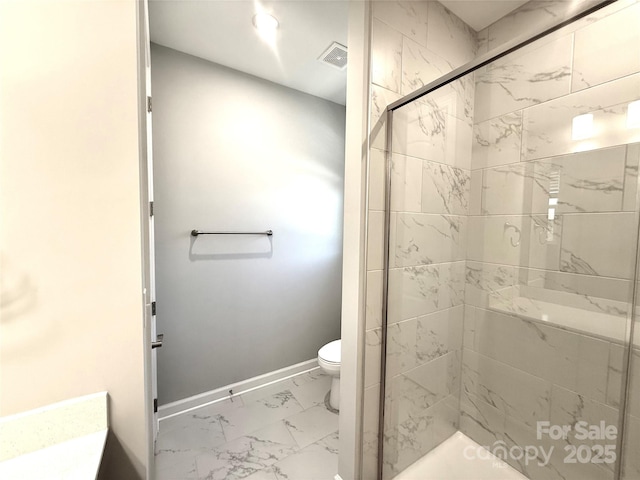 full bath with visible vents, baseboards, toilet, a stall shower, and marble finish floor