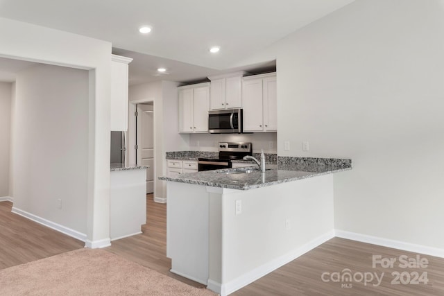 kitchen featuring sink, light wood-type flooring, appliances with stainless steel finishes, light stone counters, and white cabinetry