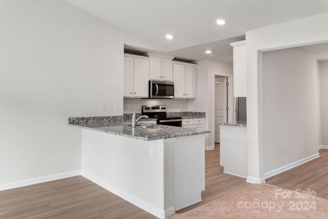 kitchen featuring light hardwood / wood-style flooring, stainless steel appliances, light stone counters, and white cabinets