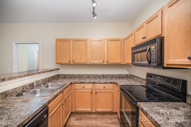 kitchen with light hardwood / wood-style floors, light brown cabinets, black appliances, and sink