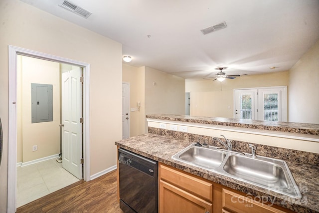 kitchen featuring electric panel, ceiling fan, dishwasher, dark wood-type flooring, and sink