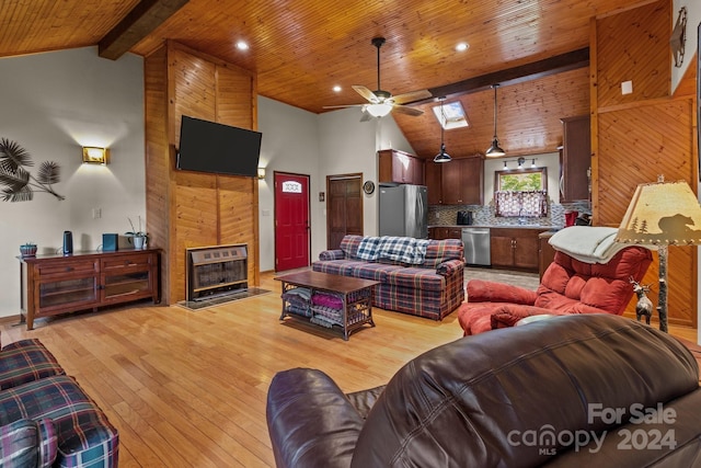 living room with wooden ceiling, high vaulted ceiling, beam ceiling, light wood finished floors, and a ceiling fan