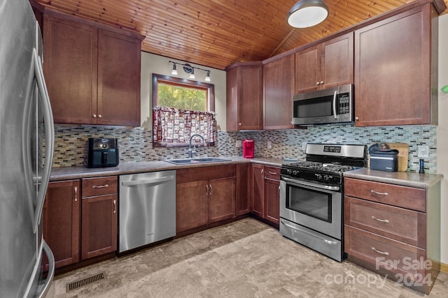 kitchen with wood ceiling, stainless steel appliances, sink, and tasteful backsplash