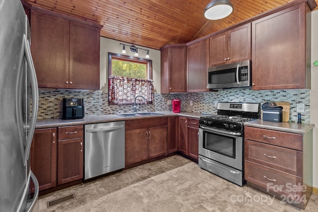 kitchen with wood ceiling, a sink, tasteful backsplash, stainless steel appliances, and visible vents