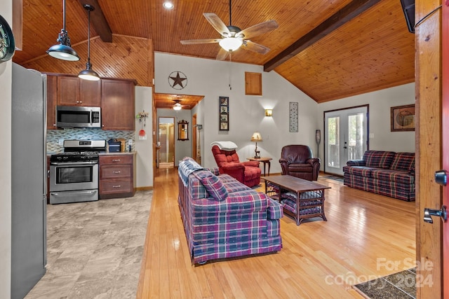 living room with lofted ceiling with beams, wood ceiling, light wood-type flooring, and a ceiling fan