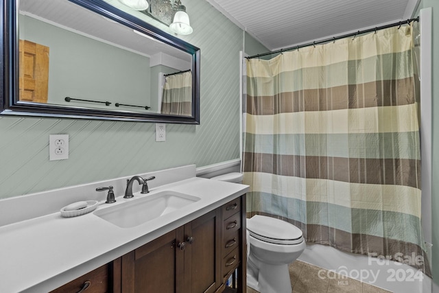 bathroom with shower / bath combination with curtain, toilet, tile patterned flooring, and vanity