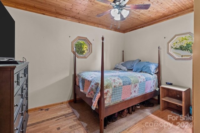 bedroom with baseboards, light wood-style floors, wood ceiling, and ornamental molding