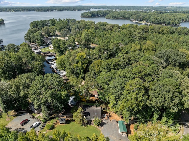 birds eye view of property featuring a water view and a wooded view