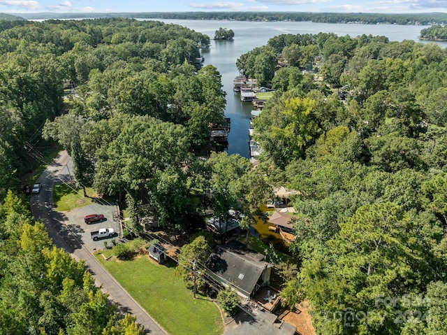 drone / aerial view featuring a wooded view and a water view