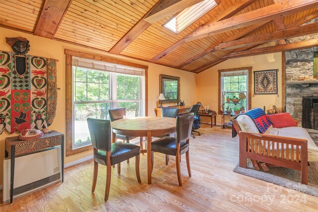 dining area with wooden ceiling, vaulted ceiling with skylight, hardwood / wood-style flooring, and a stone fireplace