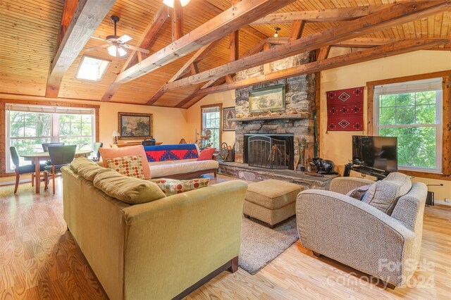 living room with ceiling fan, wood-type flooring, wooden ceiling, and a fireplace