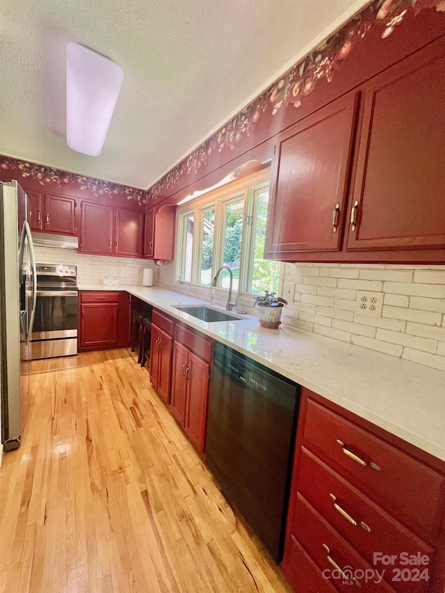 kitchen with under cabinet range hood, a sink, light wood-style floors, light countertops, and appliances with stainless steel finishes