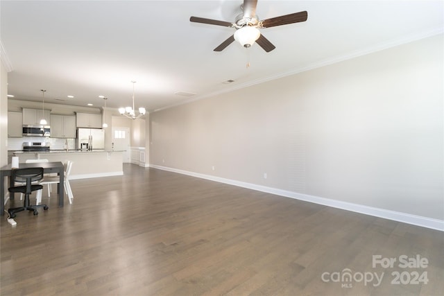 living room with dark wood-style floors, baseboards, crown molding, and ceiling fan with notable chandelier