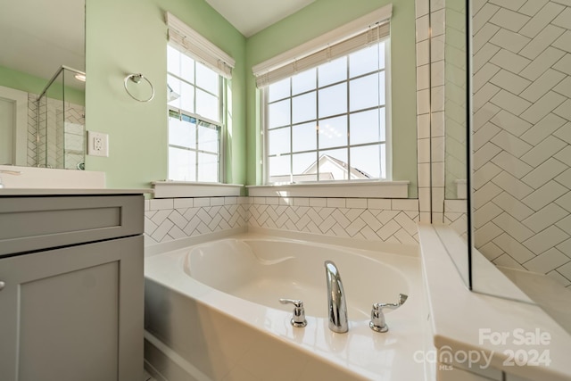 bathroom with a healthy amount of sunlight, vanity, and independent shower and bath