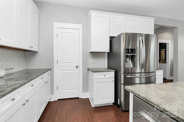 kitchen featuring dark wood-type flooring, white cabinets, and stainless steel fridge with ice dispenser