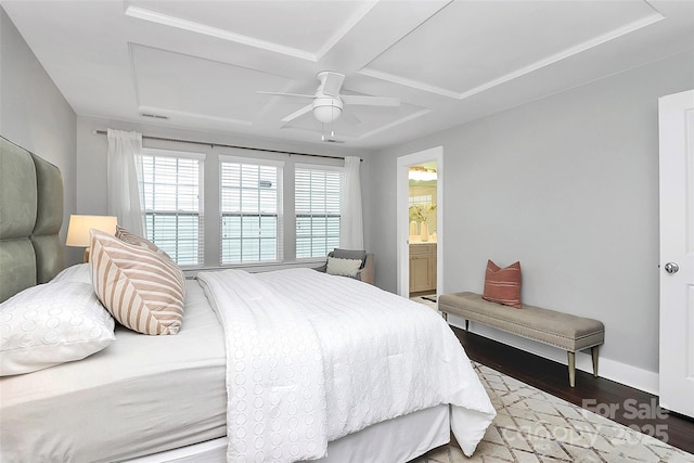 bedroom with ensuite bathroom, coffered ceiling, hardwood / wood-style floors, and ceiling fan