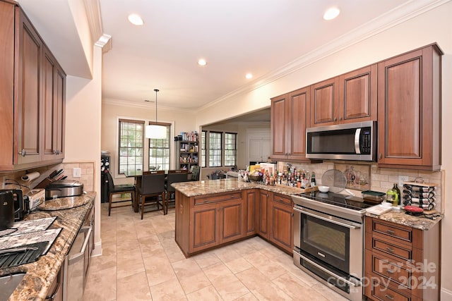 kitchen with kitchen peninsula, hanging light fixtures, backsplash, appliances with stainless steel finishes, and crown molding