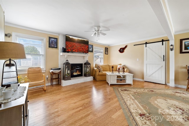 living room featuring a wealth of natural light, a barn door, light hardwood / wood-style flooring, and a fireplace