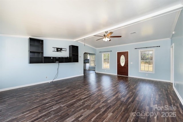 unfurnished living room featuring ceiling fan, crown molding, lofted ceiling, and dark wood-type flooring