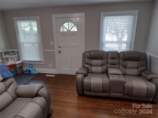 living room with dark wood-type flooring and a healthy amount of sunlight