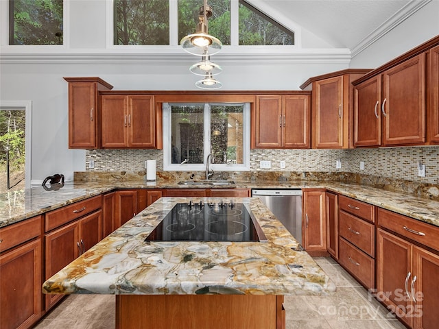 kitchen with a kitchen island, stainless steel dishwasher, black electric cooktop, and sink