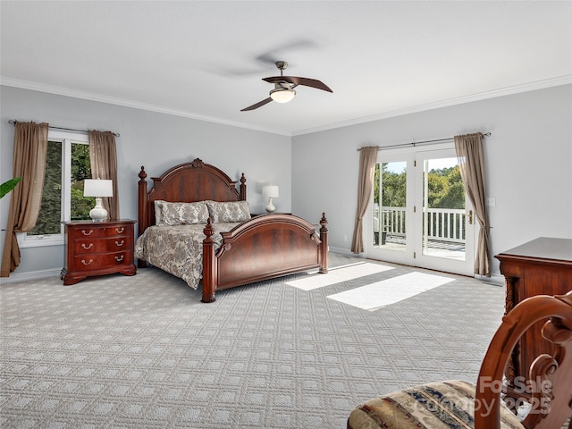 bedroom with ceiling fan, access to exterior, ornamental molding, and light carpet