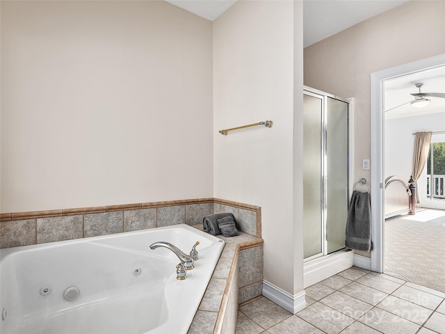 bathroom with ceiling fan, tile patterned floors, and separate shower and tub