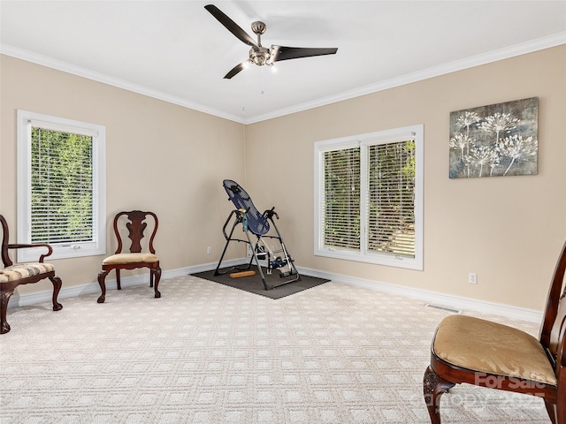 living area featuring ceiling fan and crown molding