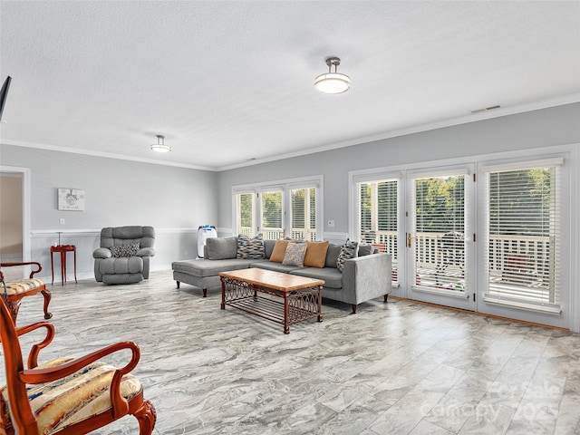 living room with a textured ceiling, ornamental molding, and a healthy amount of sunlight