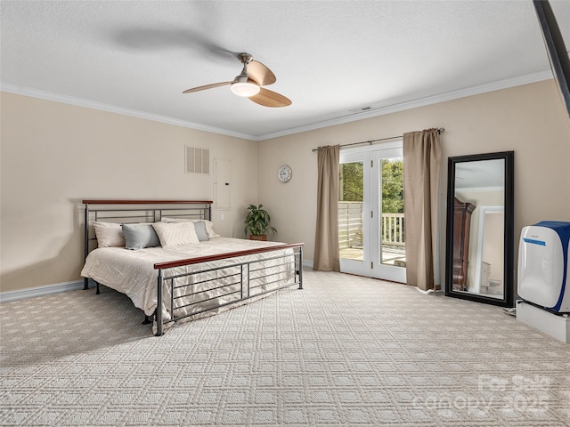 carpeted bedroom featuring ceiling fan, ornamental molding, and access to outside