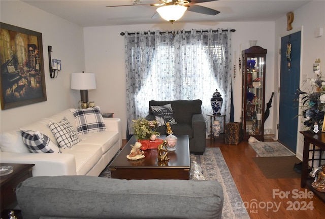 living room with ceiling fan and hardwood / wood-style flooring