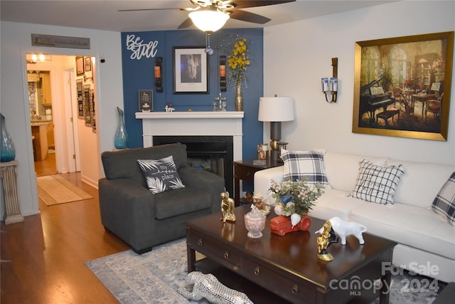 living room with ceiling fan and hardwood / wood-style flooring