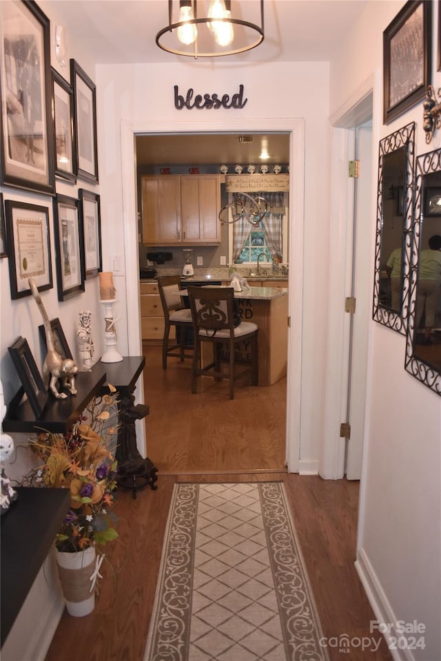 hallway with dark wood-type flooring and sink