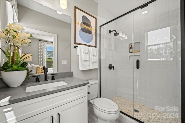 bathroom with vanity, toilet, and an enclosed shower