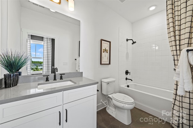 full bathroom featuring tile patterned flooring, shower / bathtub combination with curtain, toilet, and vanity