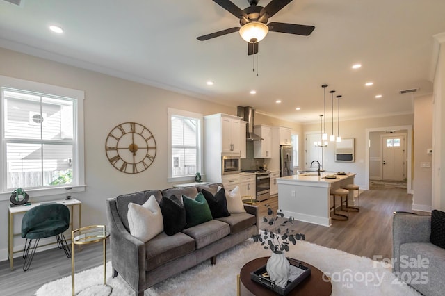 living room with hardwood / wood-style flooring, ceiling fan, crown molding, and sink