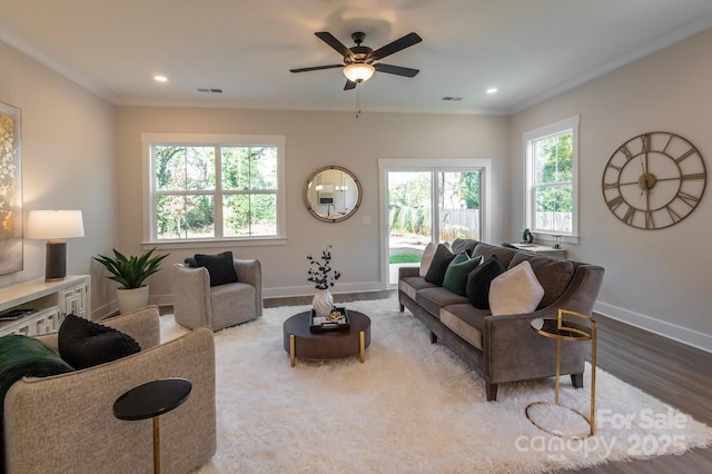 living room with a healthy amount of sunlight, crown molding, ceiling fan, and wood-type flooring