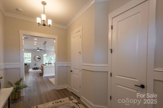 corridor with crown molding, sink, dark hardwood / wood-style floors, and a notable chandelier