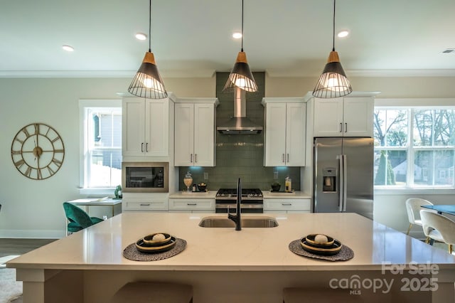 2630 Rose St, Charlotte, NC 28208 - kitchen with stainless steel fridge with ice dispenser, a kitchen island with sink, white cabinetry, backsplash, and wall chimney range hood