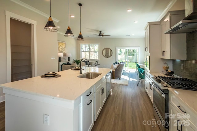 2630 Rose St, Charlotte, NC 28208 - kitchen featuring a sink, wall chimney exhaust hood, dark wood finished floors, ceiling fan, and appliances with stainless steel finishes